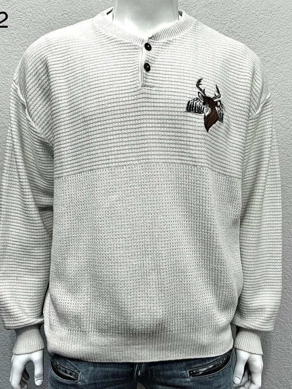 Vtg  90s Shenandoah Men khaki XXL Deer Henley Knit Sweater Made USA Hunting cabi